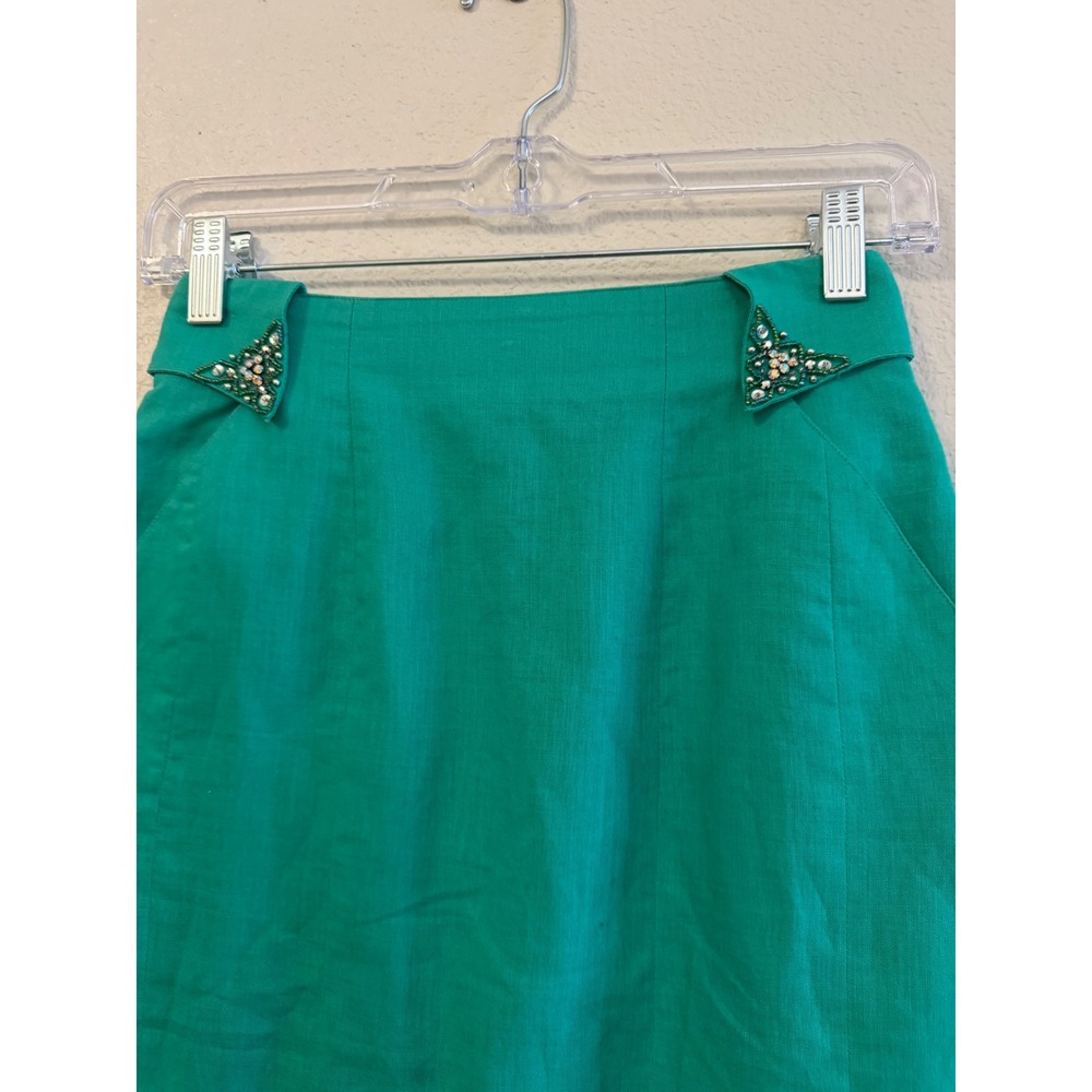 Joseph Ho Green Ramie Cotton Pencil Skirt Embellished Waist Size 6 Vintage - Picture 7 of 13
